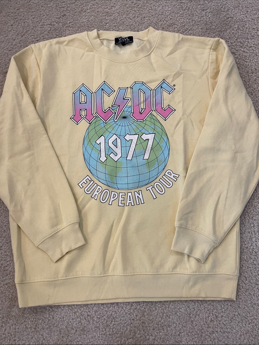 Vintage Style Lemon yellow ACDC 1977 European Tour Sweatshirt Size small